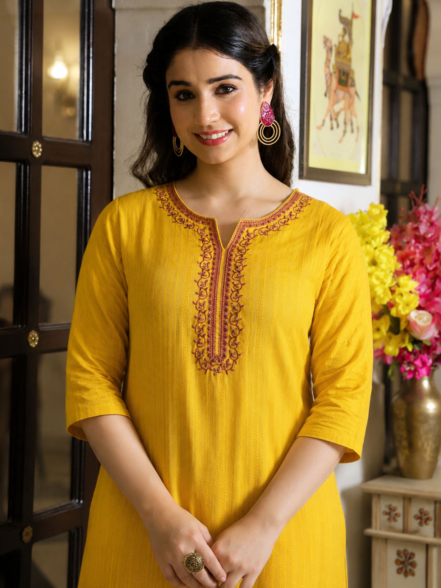 Embroidered Cotton Dobby Solid Straight Yellow Kurta