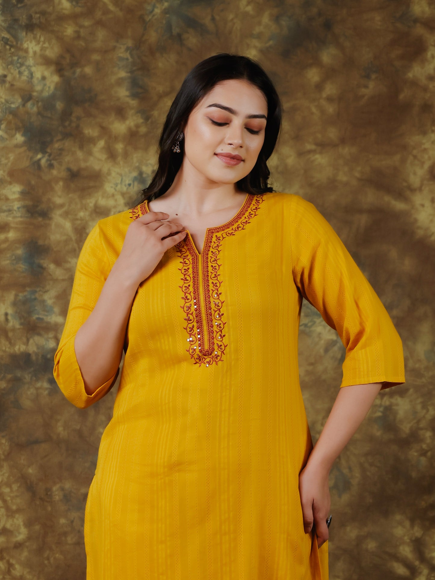 Embroidered Cotton Dobby Solid Straight Yellow Kurta