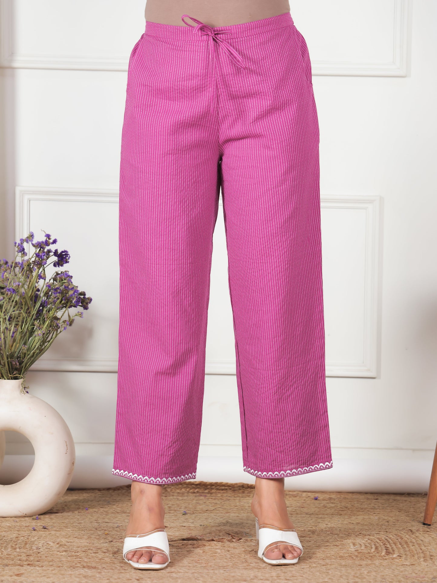 Kantha Cotton Solid Purple Straight Trousers