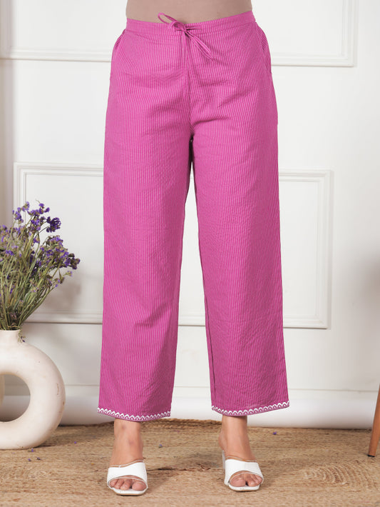 Kantha Cotton Solid Purple Straight Trousers