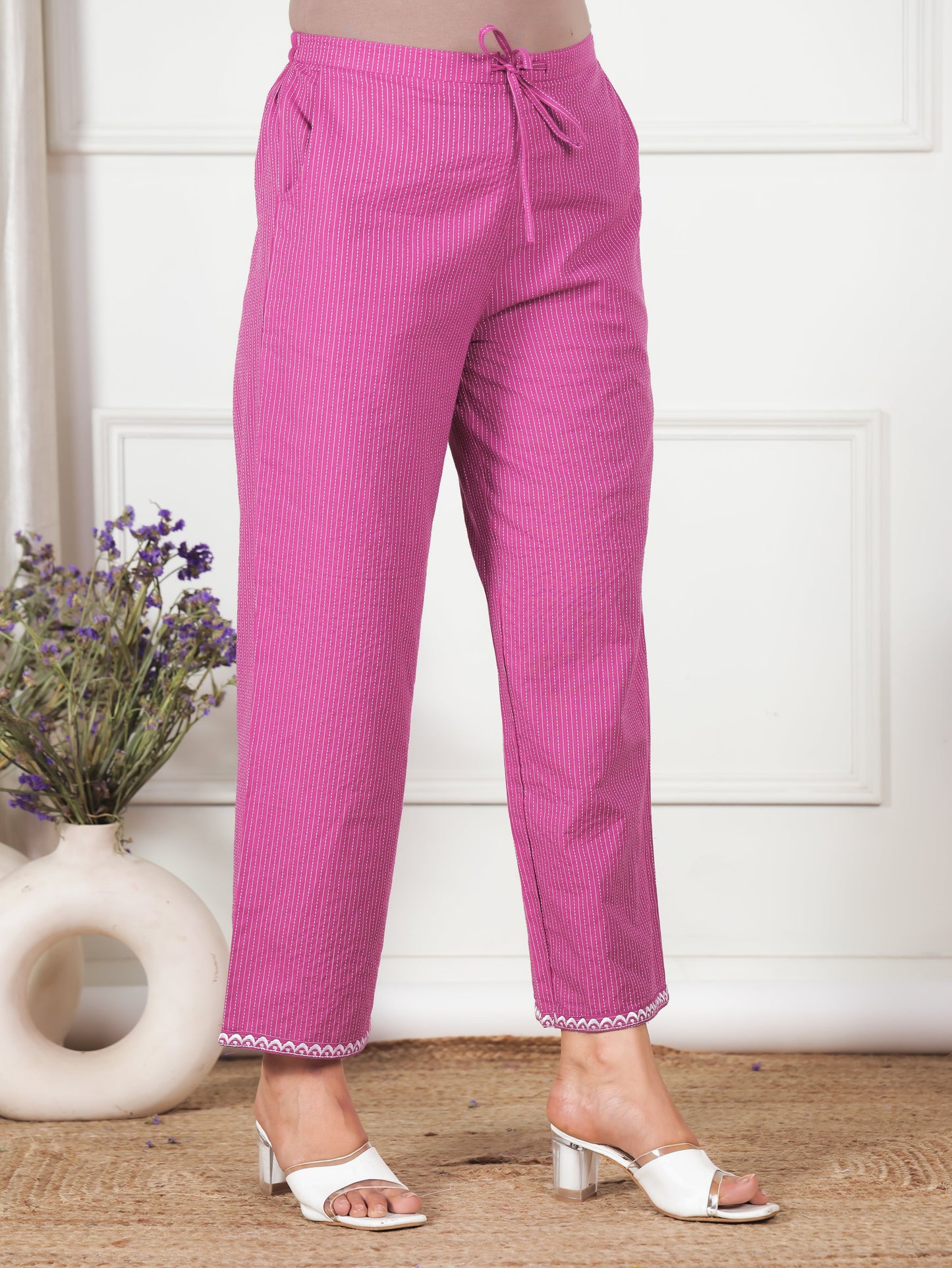 Kantha Cotton Solid Purple Straight Trousers