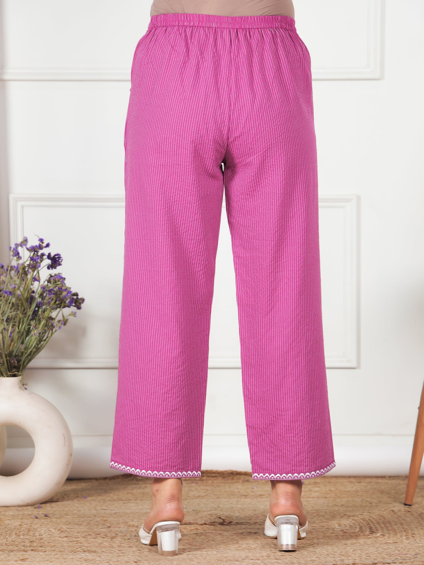 Kantha Cotton Solid Purple Straight Trousers