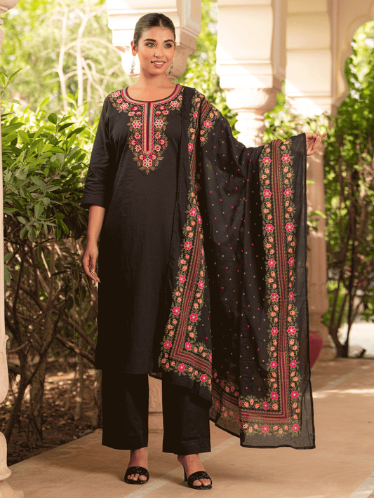 Cotton Voile Floral Black Dupatta