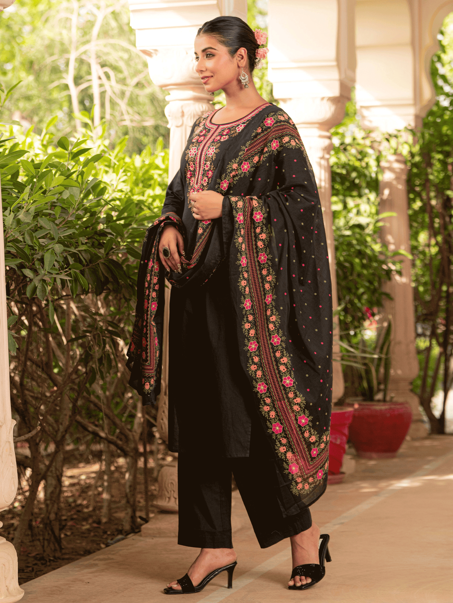 Cotton Voile Floral Black Dupatta