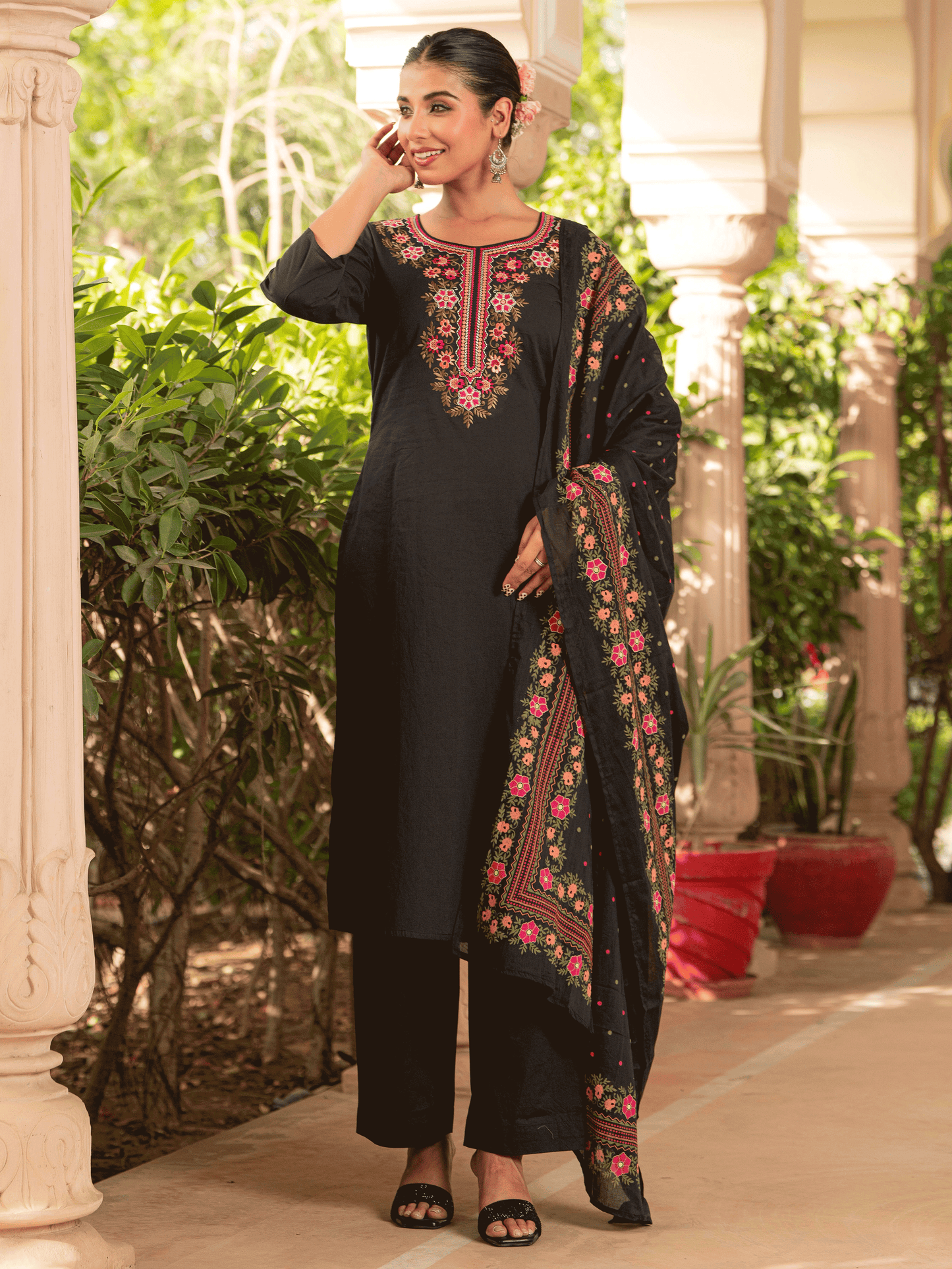 Cotton Voile Floral Black Dupatta