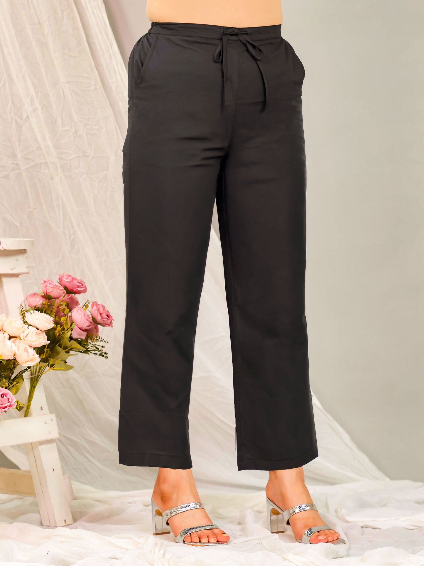 Soft Cotton Solid Black Straight Trousers