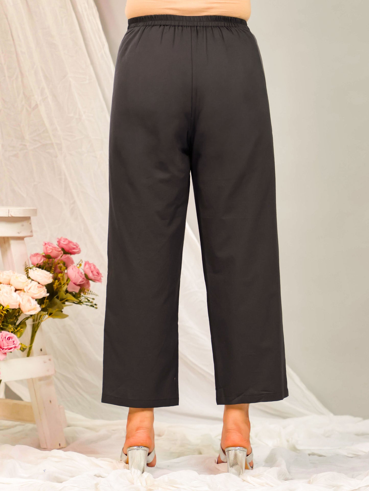 Soft Cotton Solid Black Straight Trousers