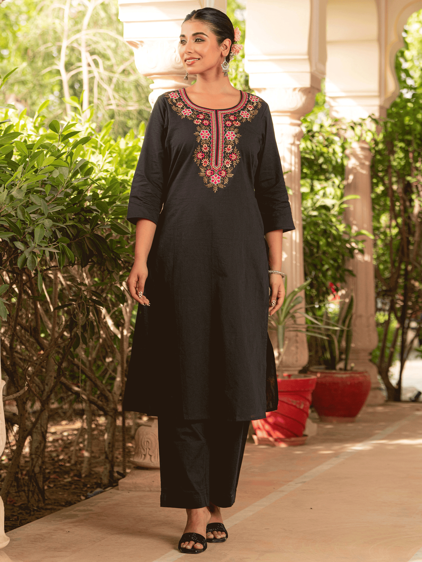 Embroidered Soft Cotton Solid Straight Black Kurta