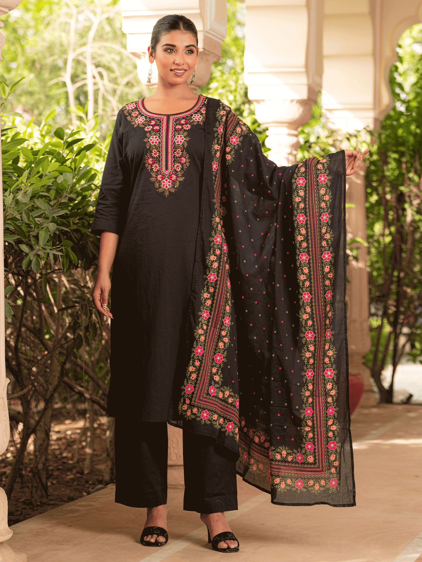 Embroidered Soft Cotton Solid Straight Black Kurta