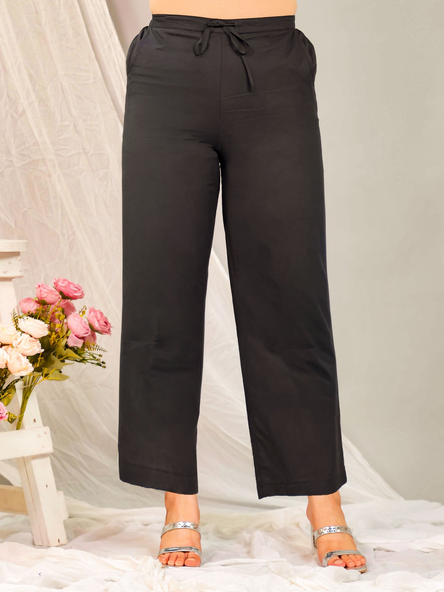 Soft Cotton Solid Black Straight Trousers