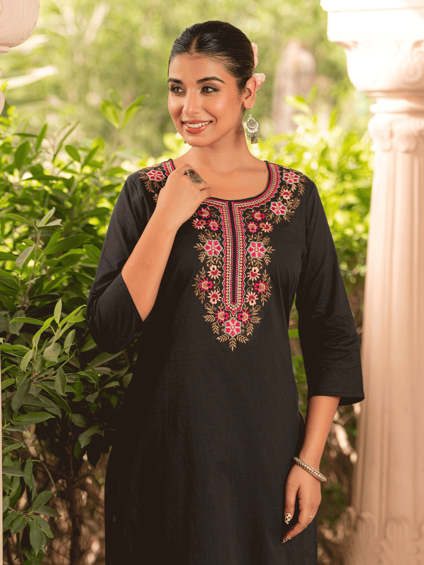 Embroidered Soft Cotton Solid Straight Black Kurta