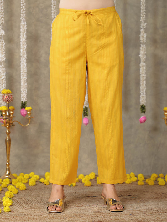 Cotton Dobby Solid Yellow Straight Trousers
