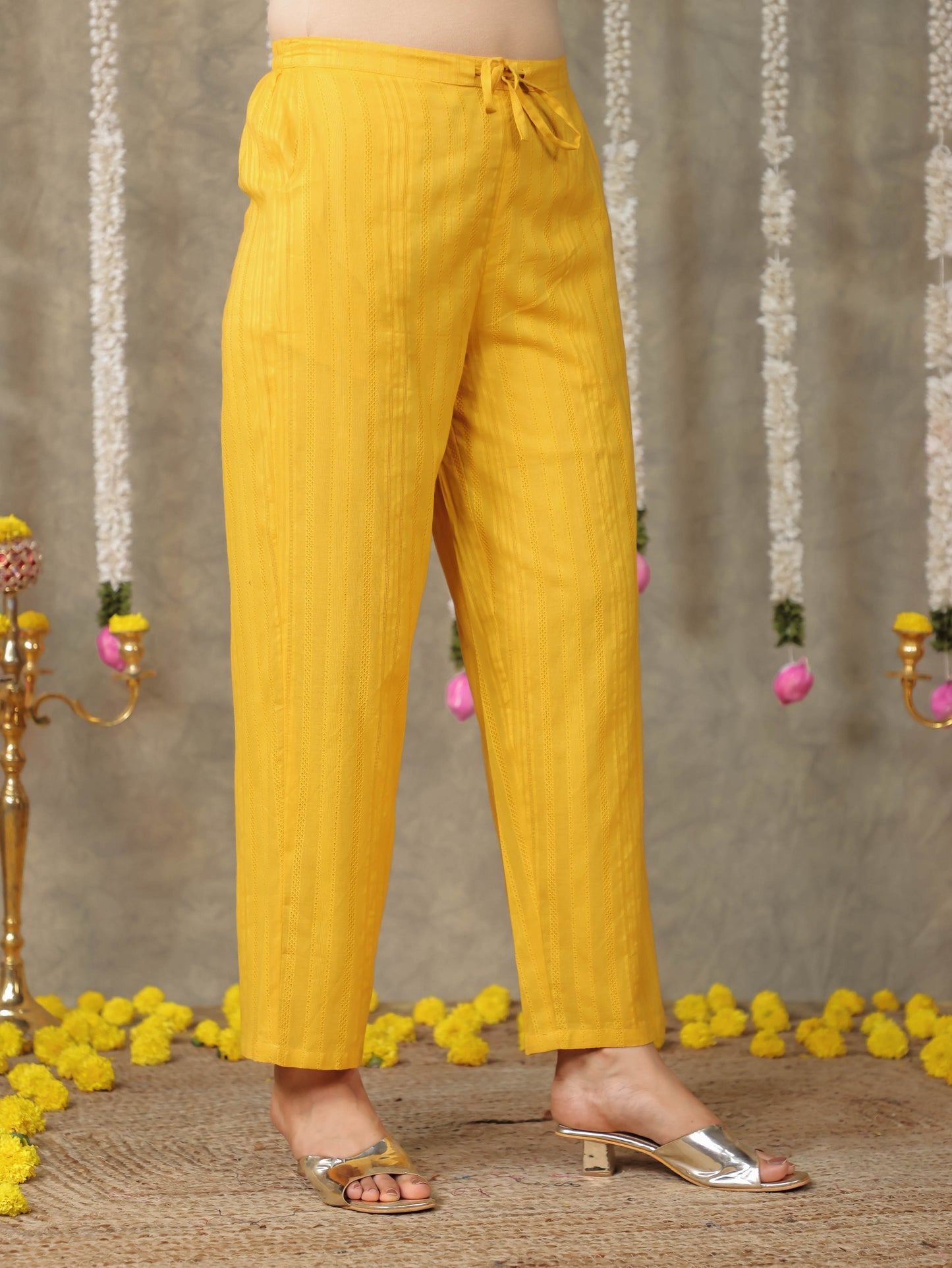 Cotton Dobby Solid Yellow Straight Trousers