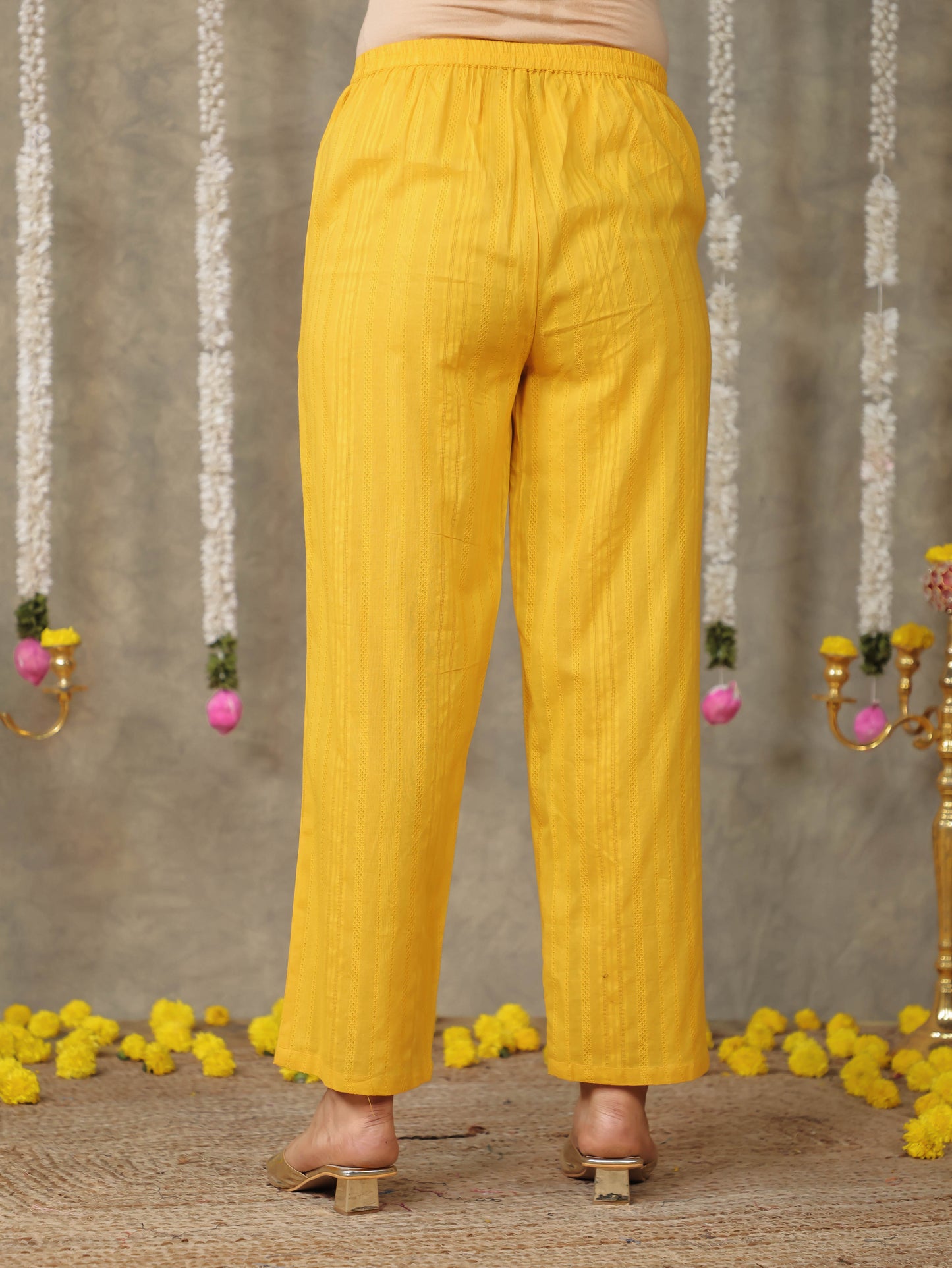Cotton Dobby Solid Yellow Straight Trousers