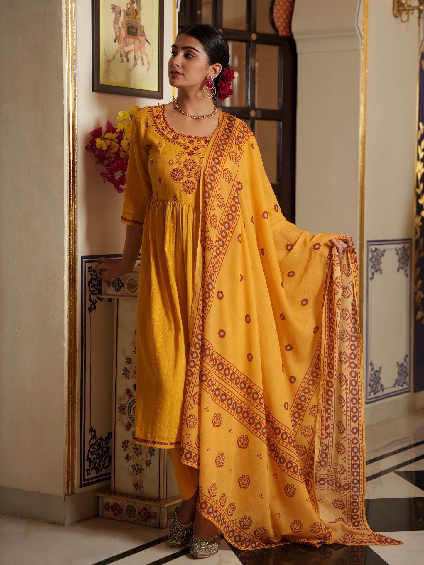 Cotton Voile Floral Yellow Dupatta