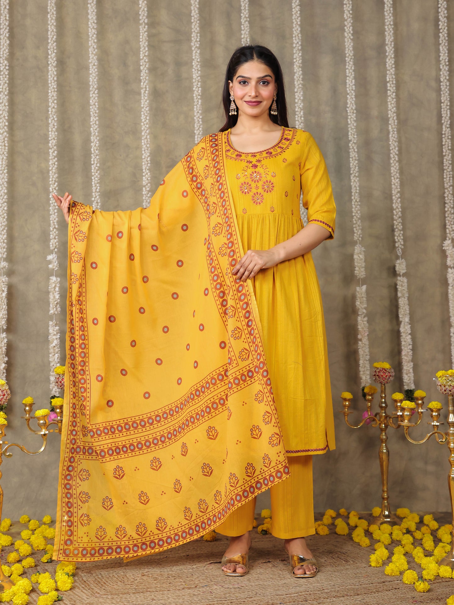 Cotton Voile Floral Yellow Dupatta