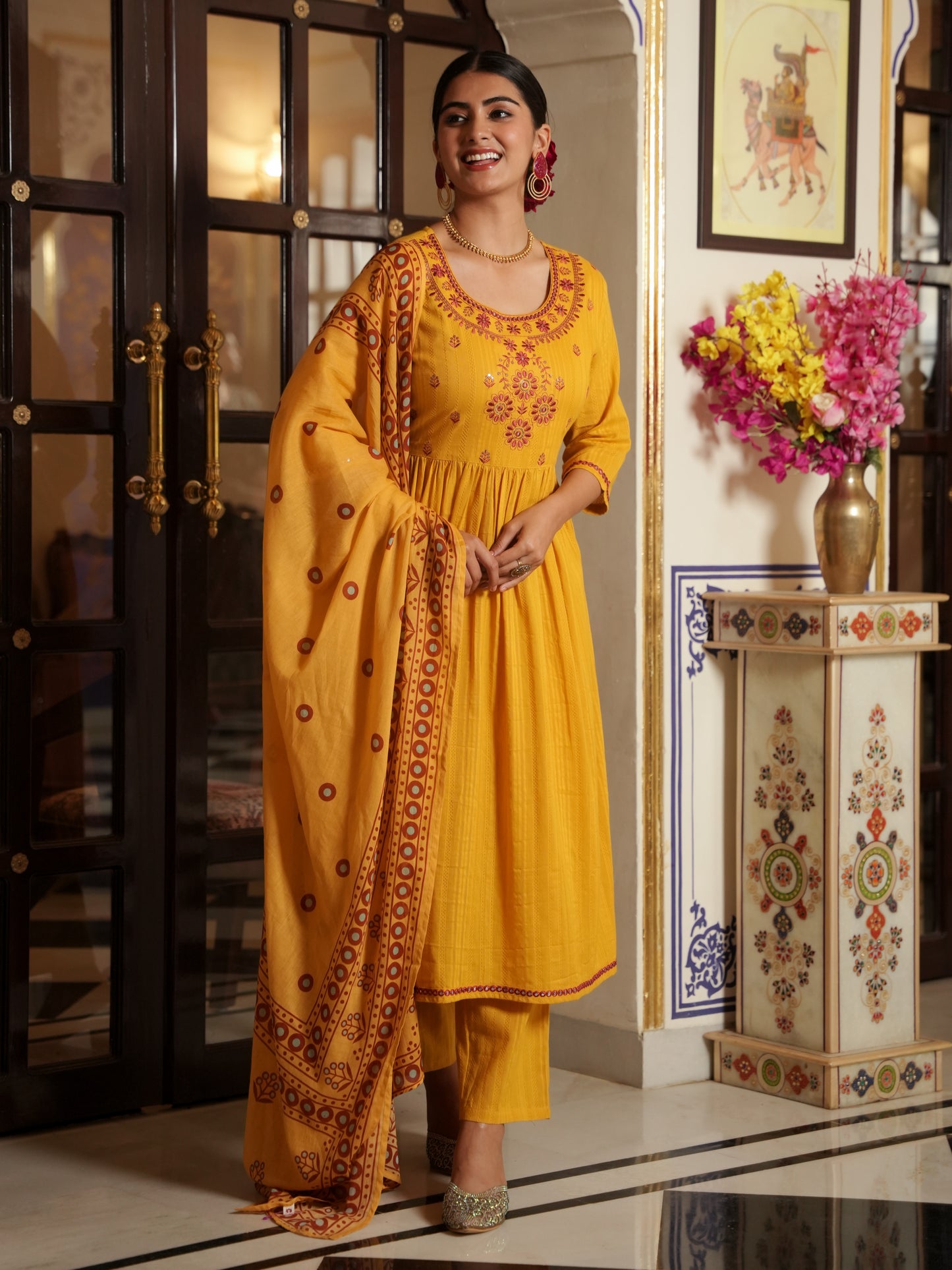 Cotton Voile Floral Yellow Dupatta