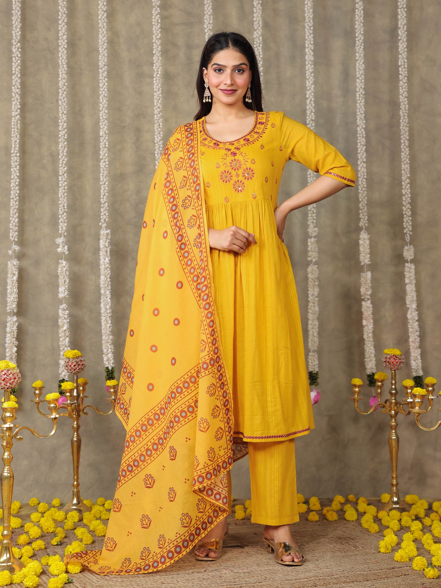 Cotton Voile Floral Yellow Dupatta