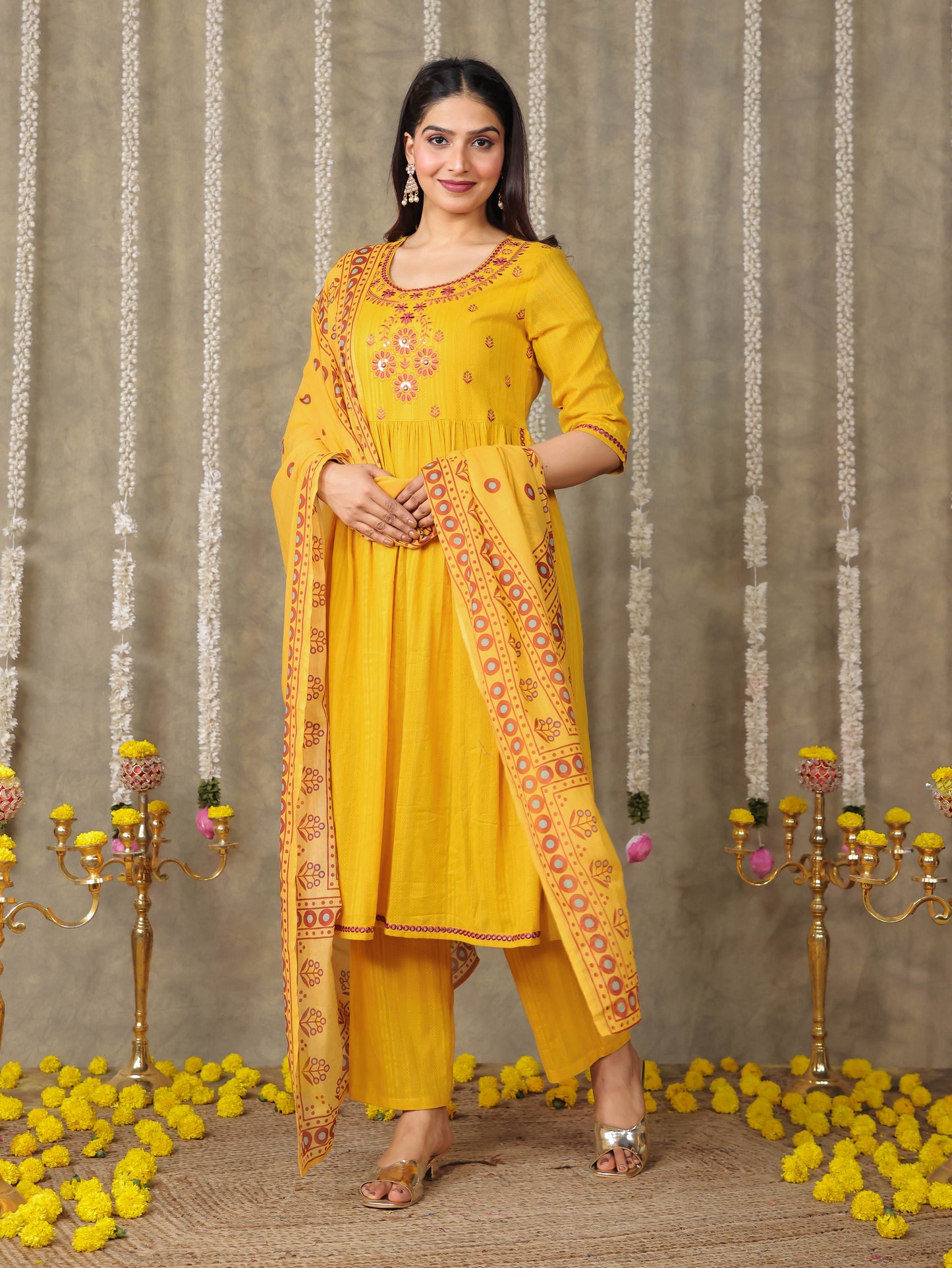 Cotton Voile Floral Yellow Dupatta