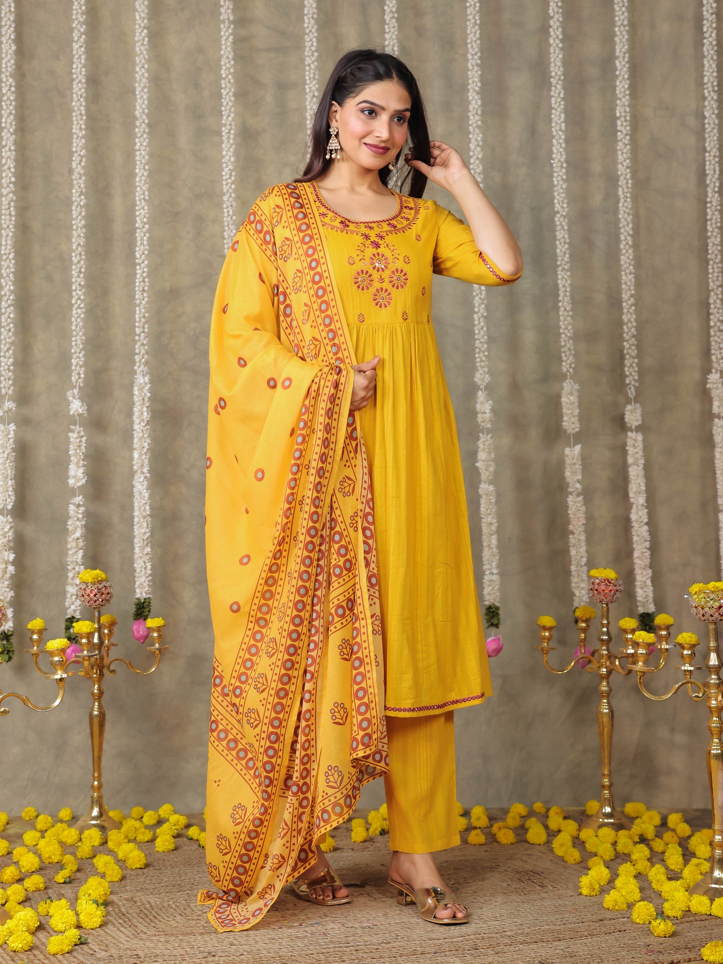 Embroidered Cotton Dobby Solid A-line Yellow Kurta