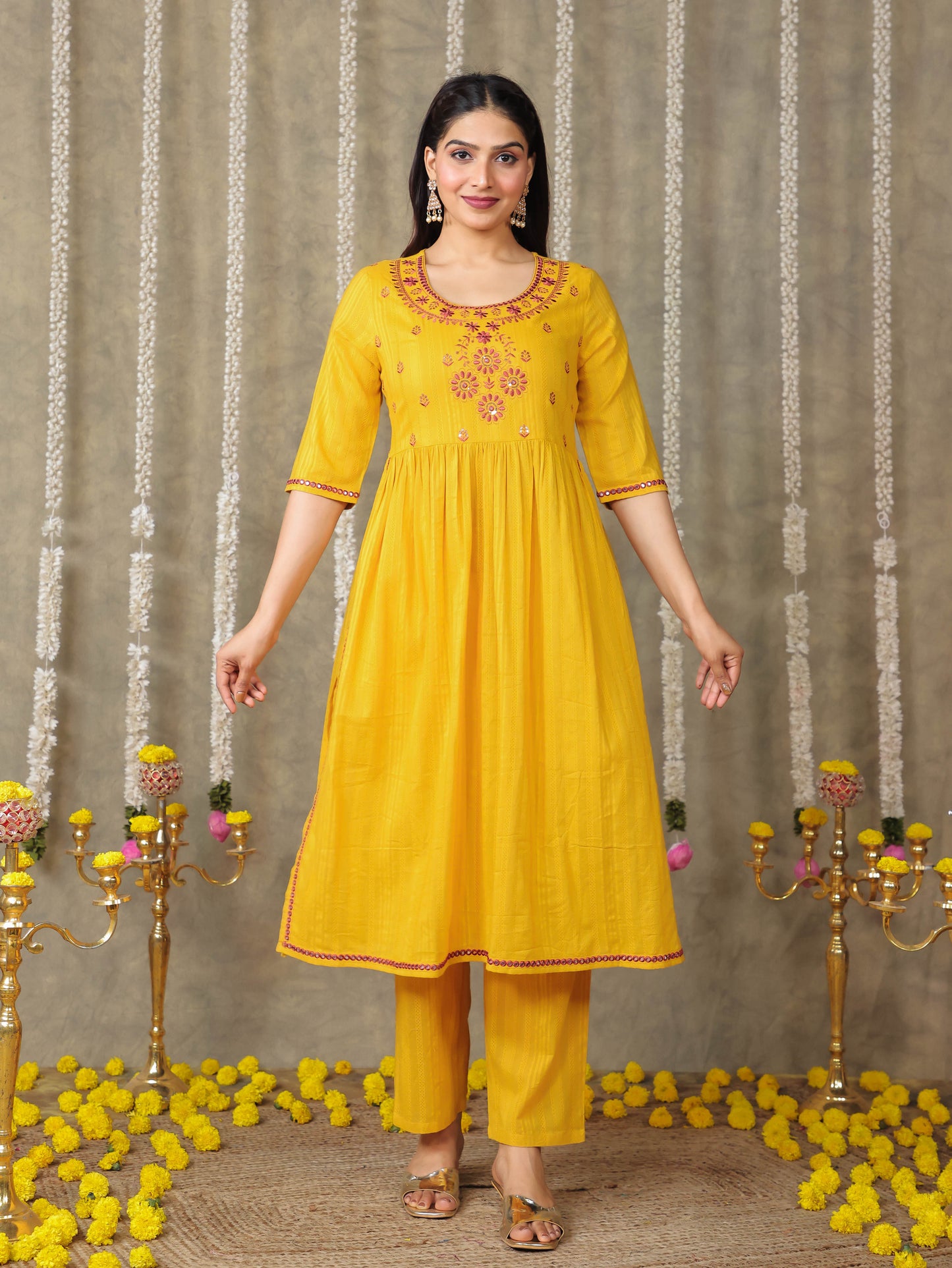 Embroidered Cotton Dobby Solid A-line Yellow Kurta