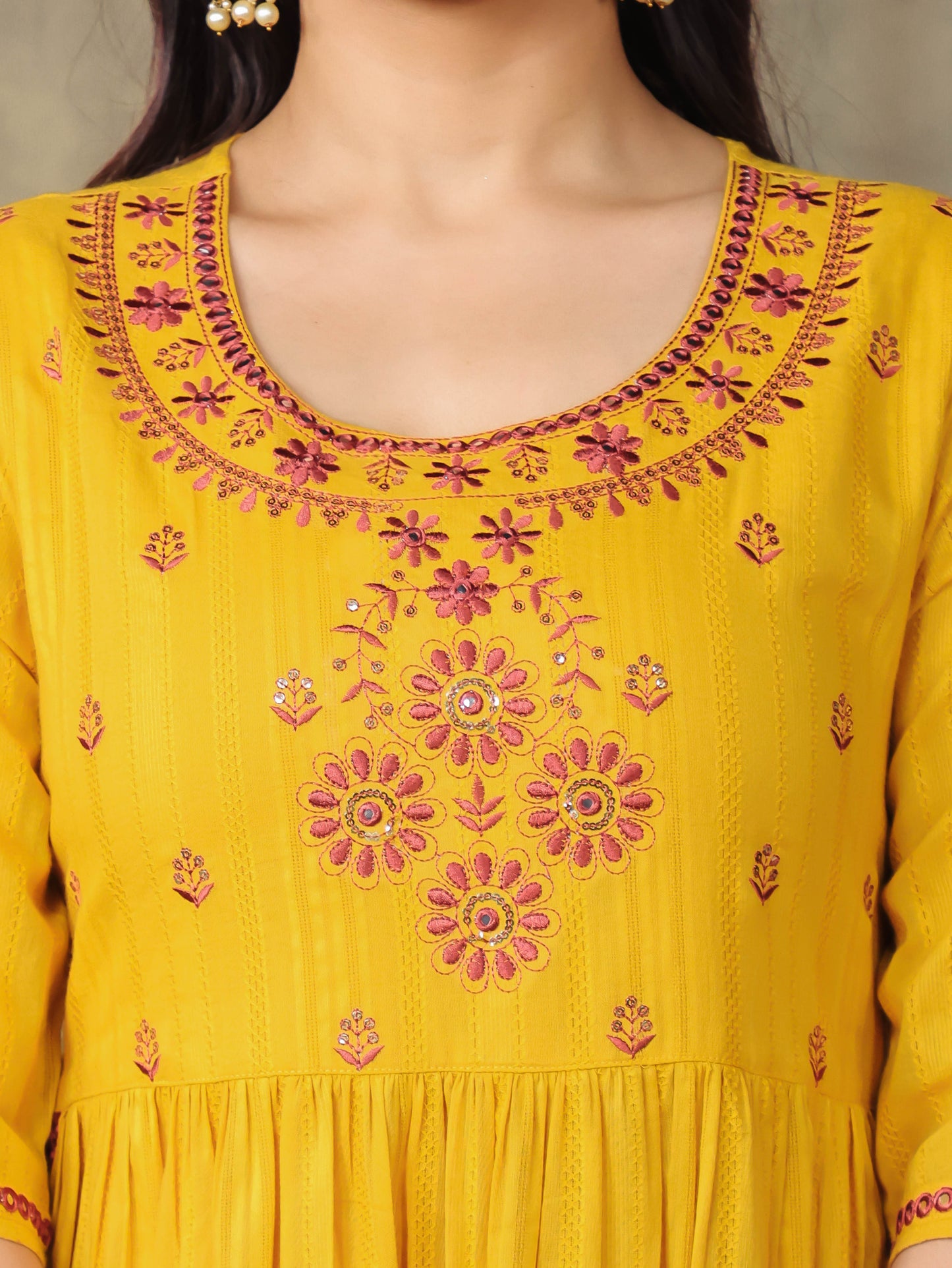 Embroidered Cotton Dobby Solid A-line Yellow Kurta