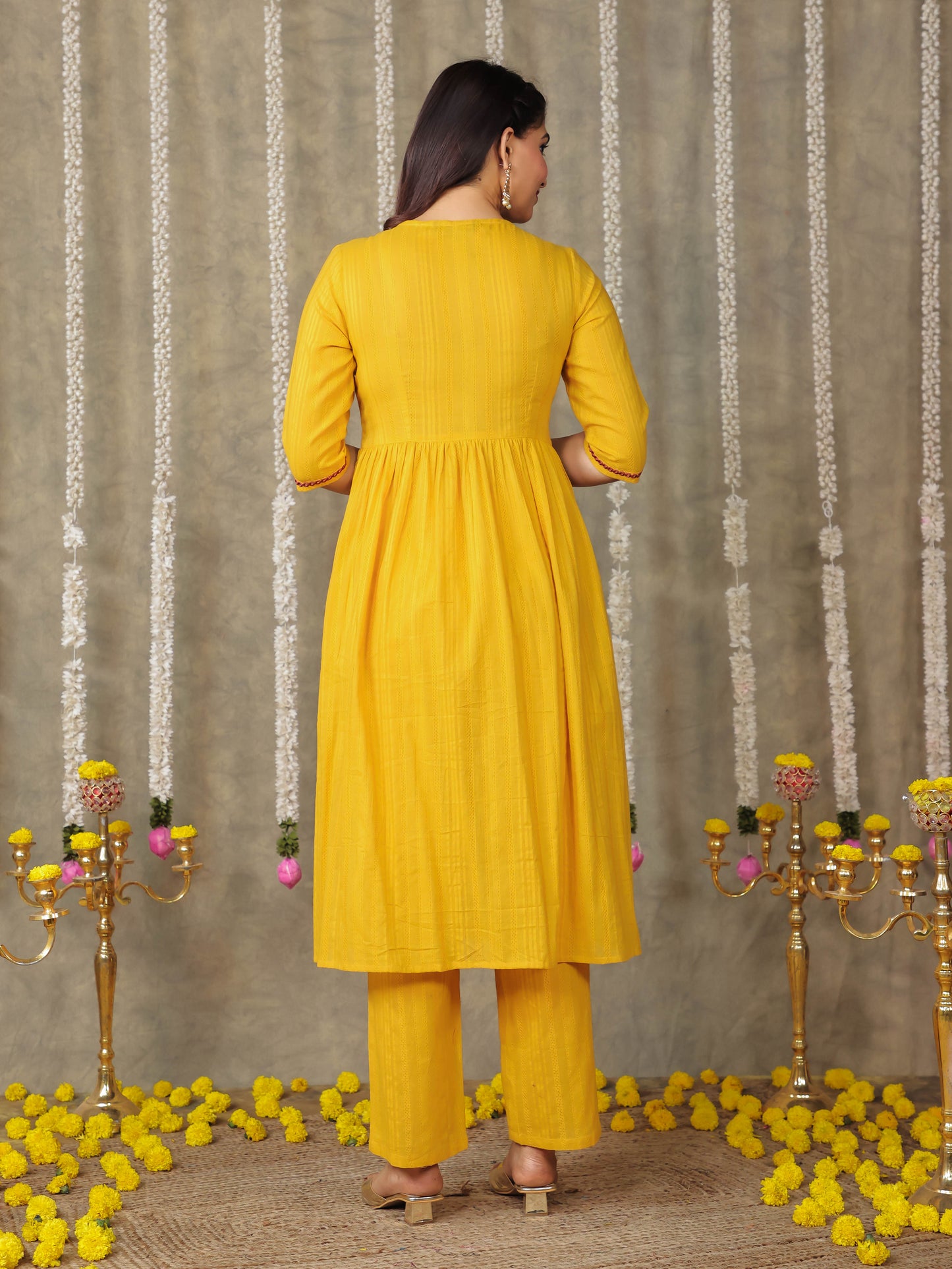 Embroidered Cotton Dobby Solid A-line Yellow Kurta
