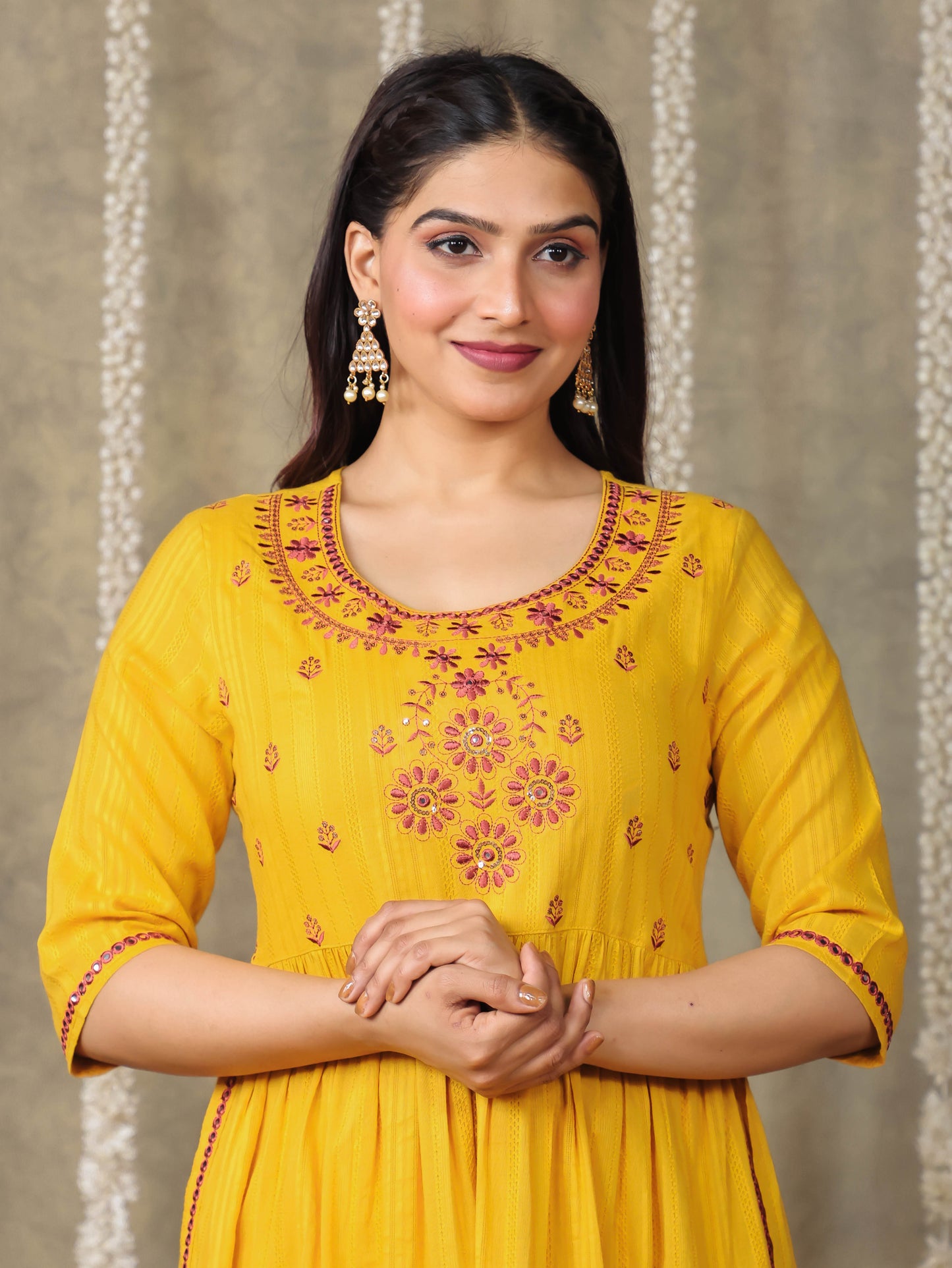 Embroidered Cotton Dobby Solid A-line Yellow Kurta