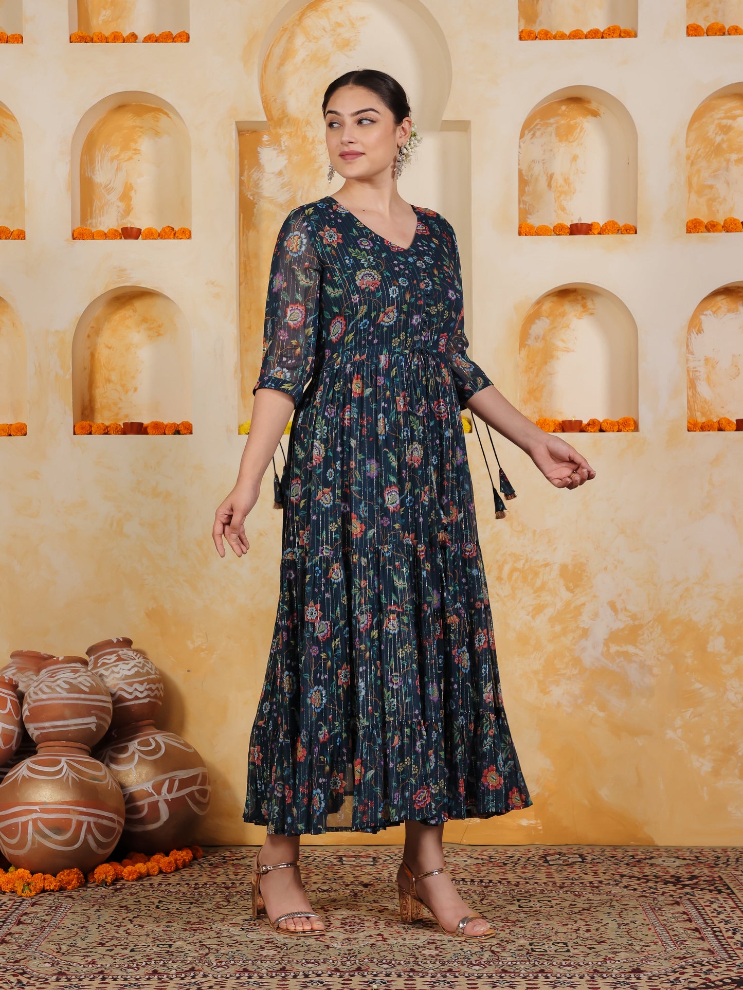 Georgette Floral Anarkali Navy Blue Dress