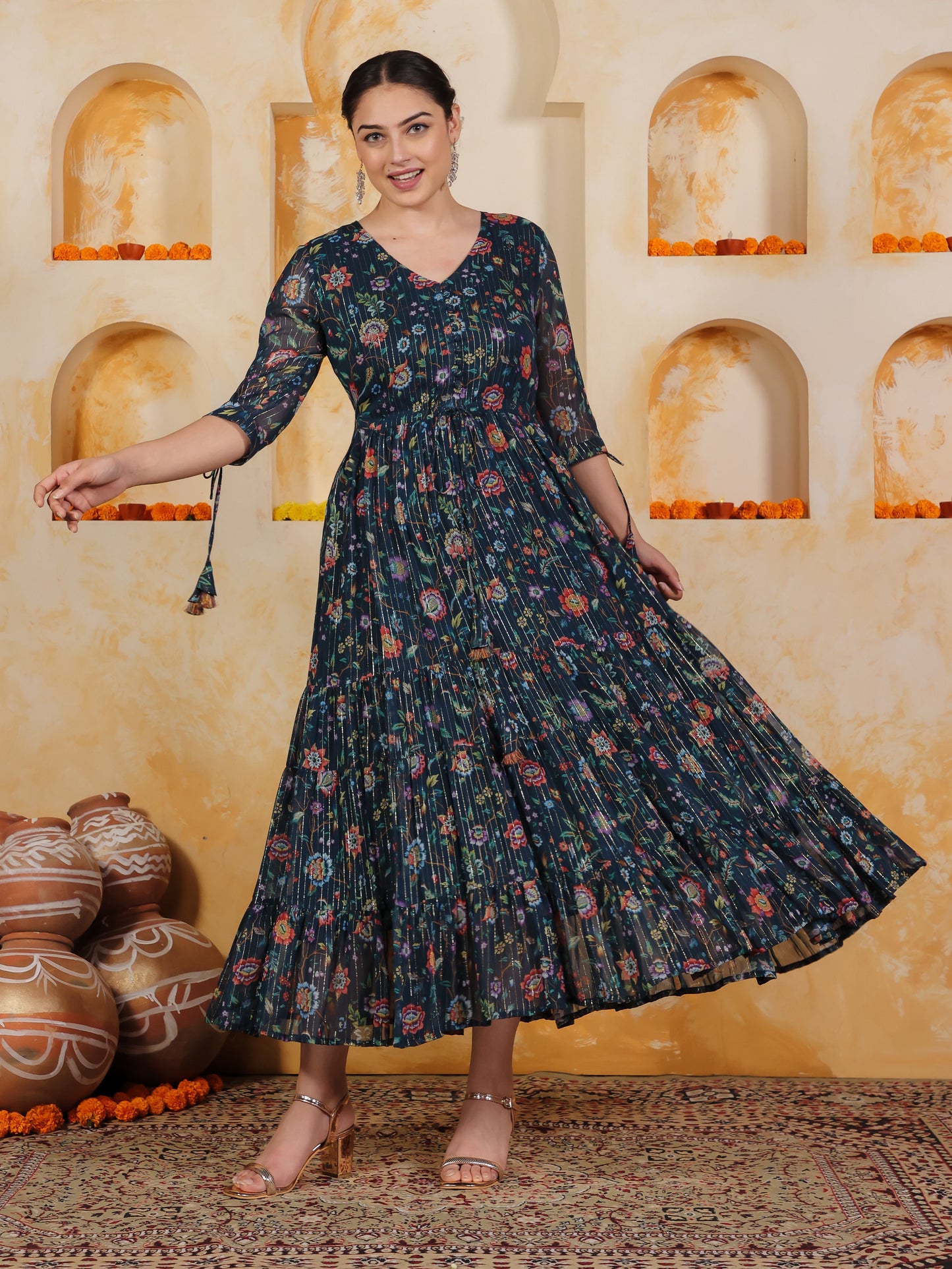 Georgette Floral Anarkali Navy Blue Dress