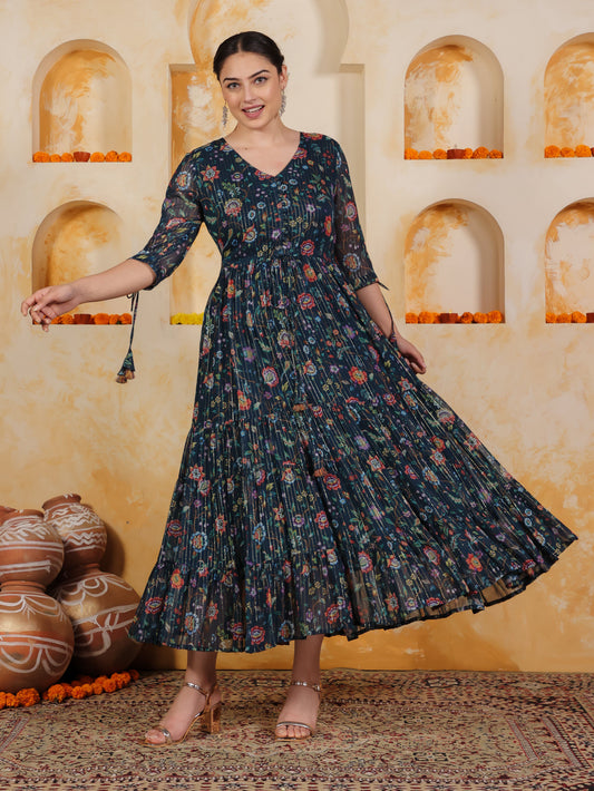 Georgette Floral Anarkali Navy Blue Dress