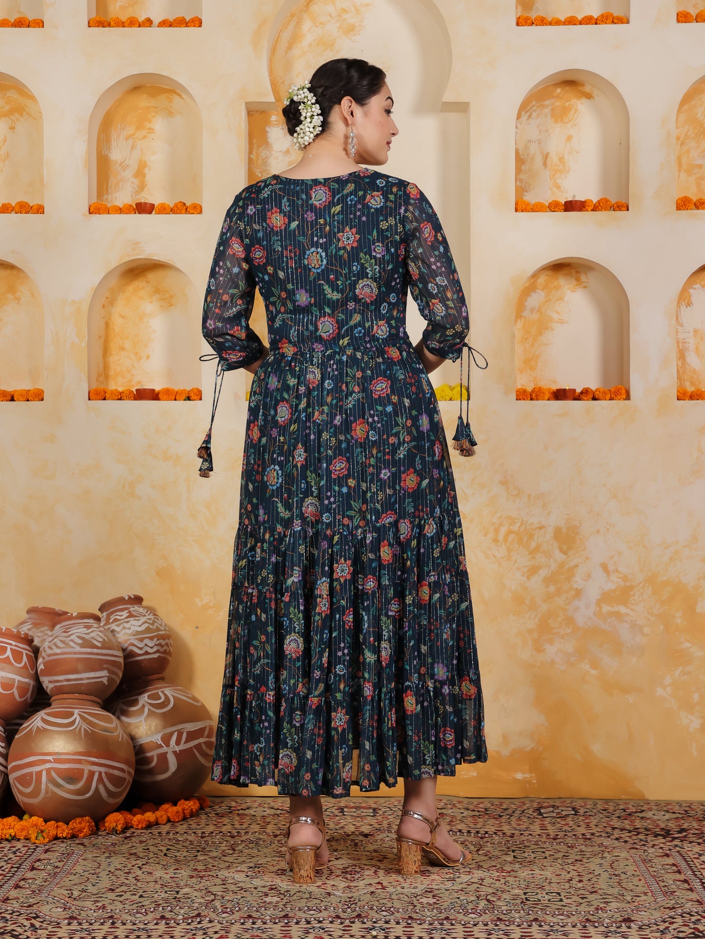 Georgette Floral Anarkali Navy Blue Dress