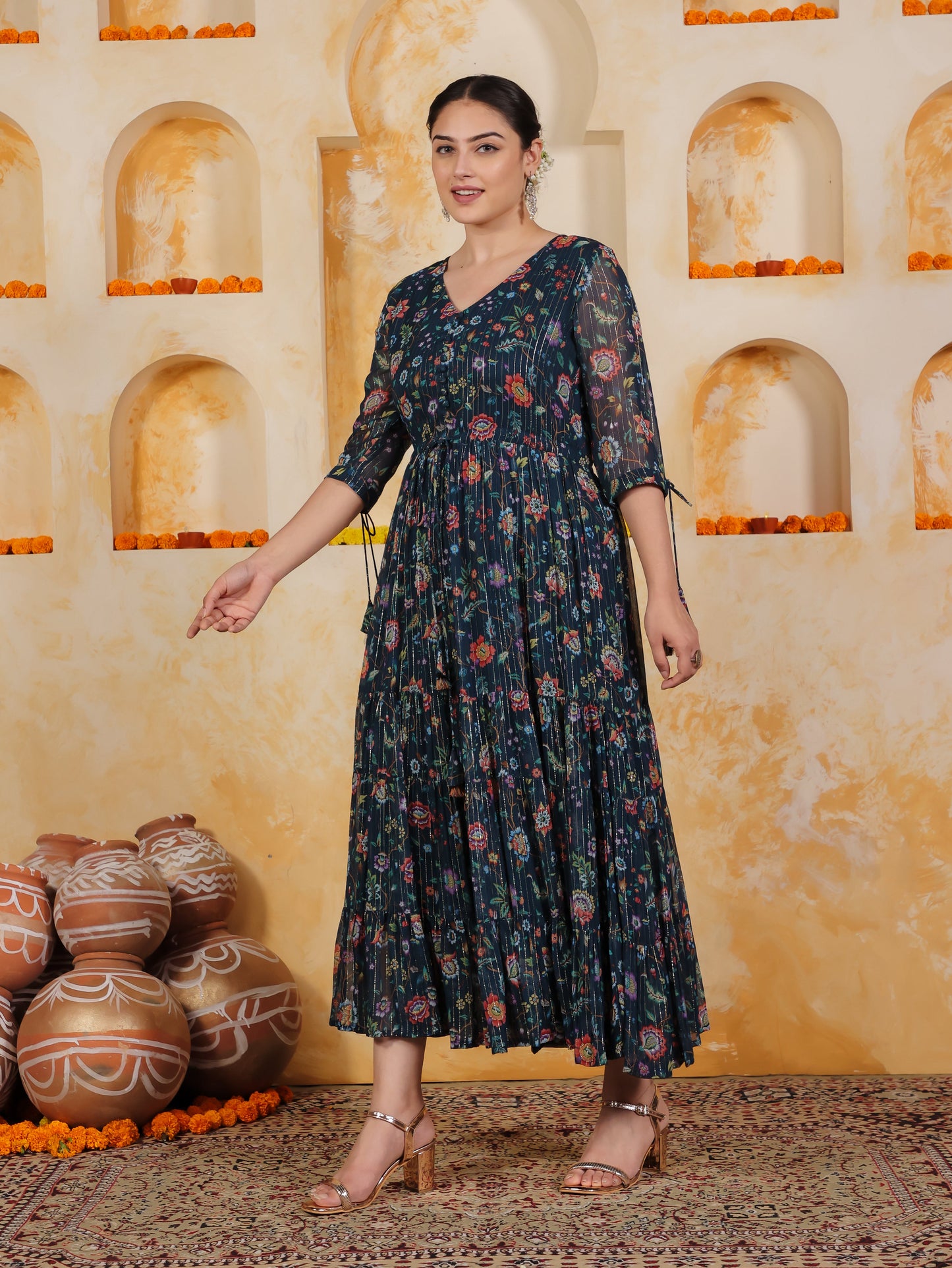 Georgette Floral Anarkali Navy Blue Dress