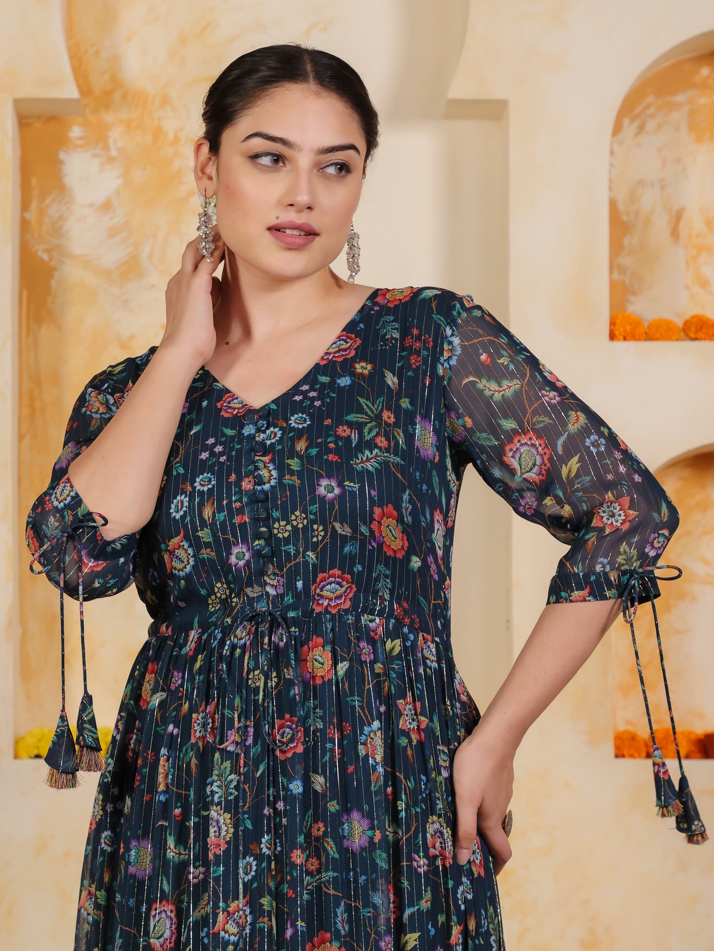 Georgette Floral Anarkali Navy Blue Dress