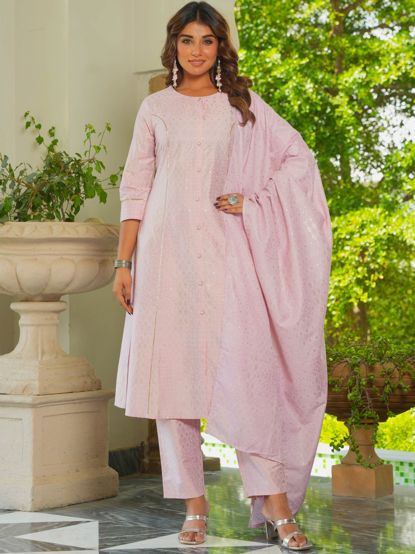 Chanderi Gold foil Pink Dupatta
