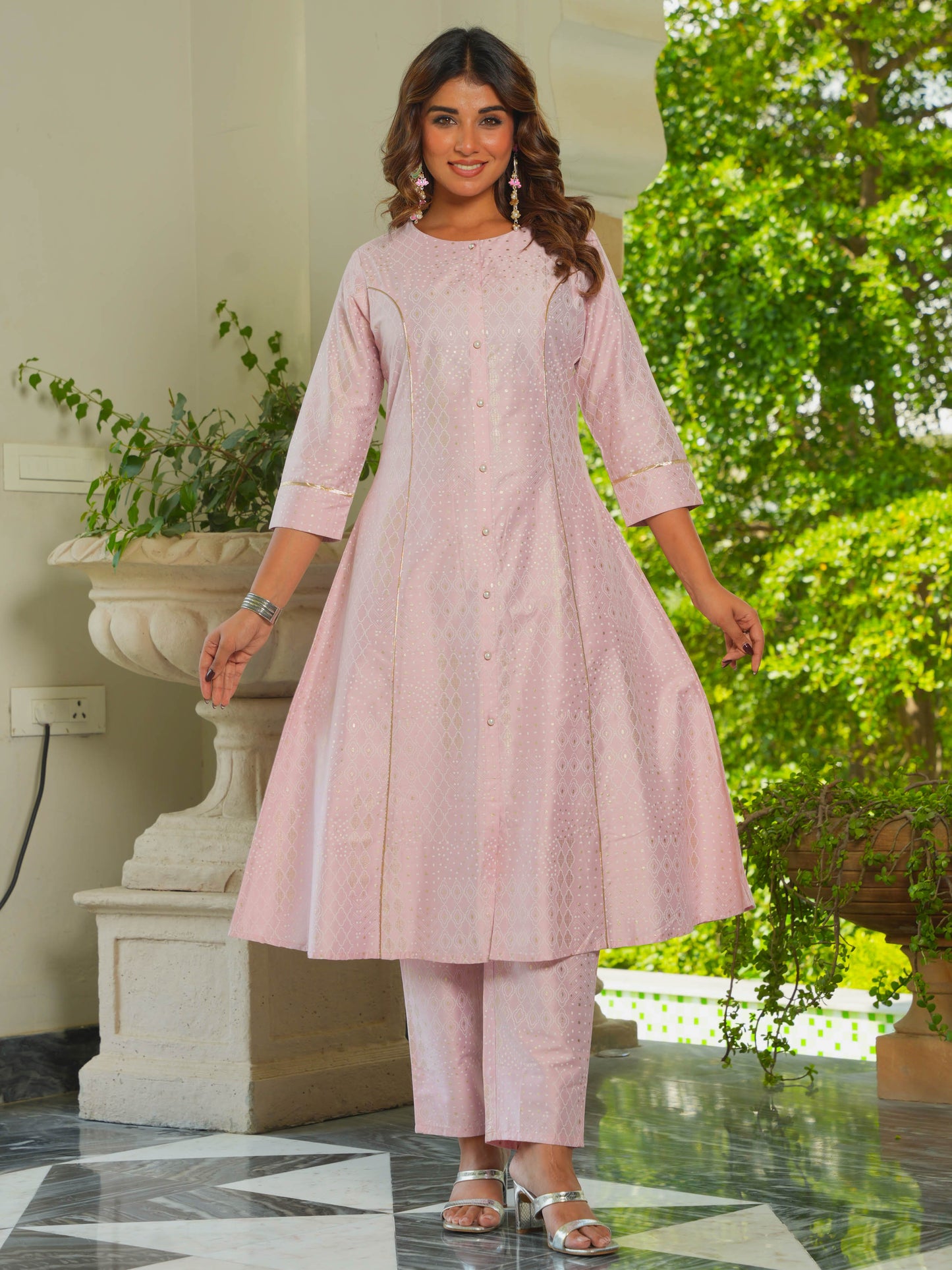Chanderi Gold foil A-line Pink Kurta