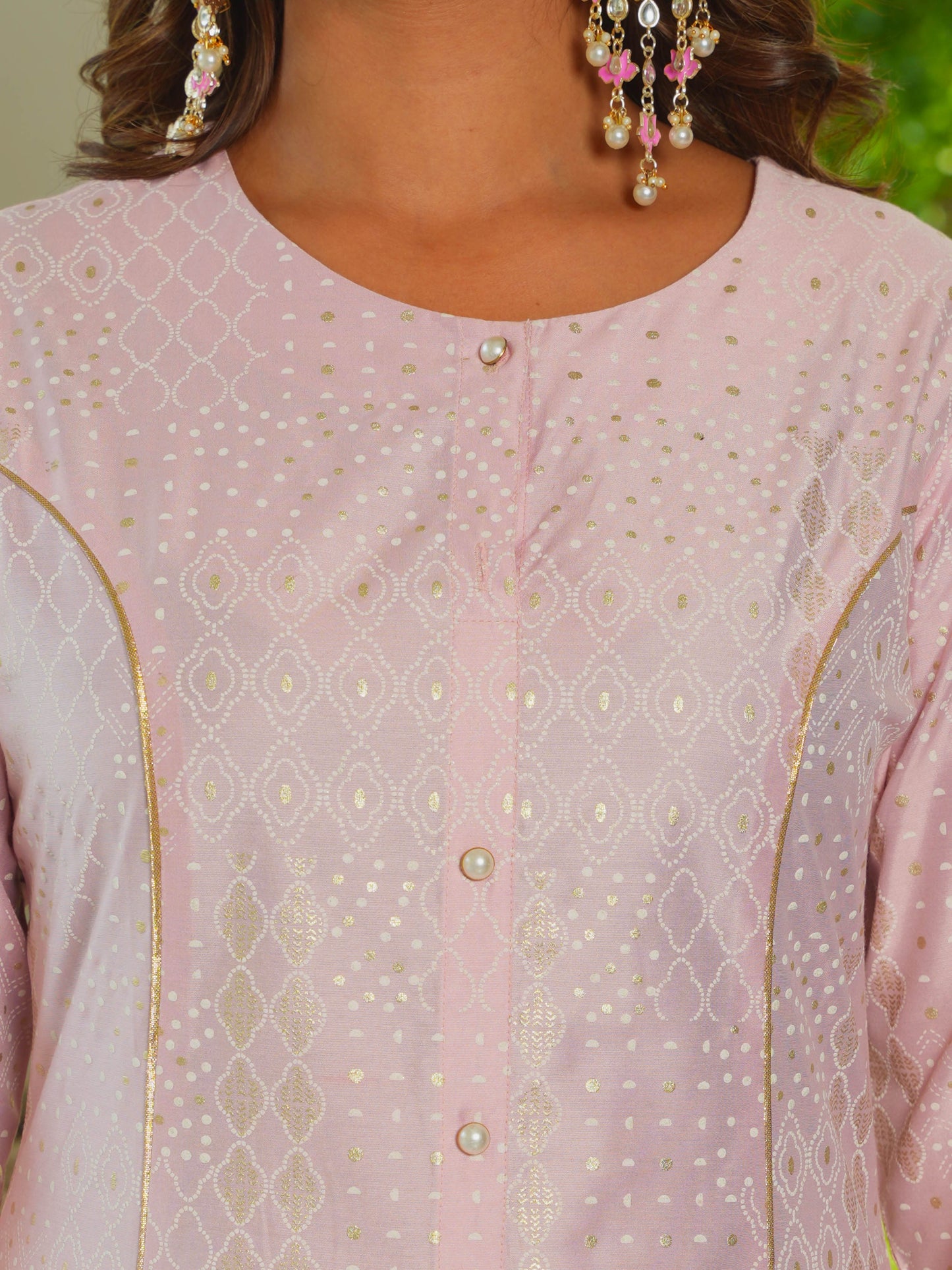 Chanderi Gold foil A-line Pink Kurta