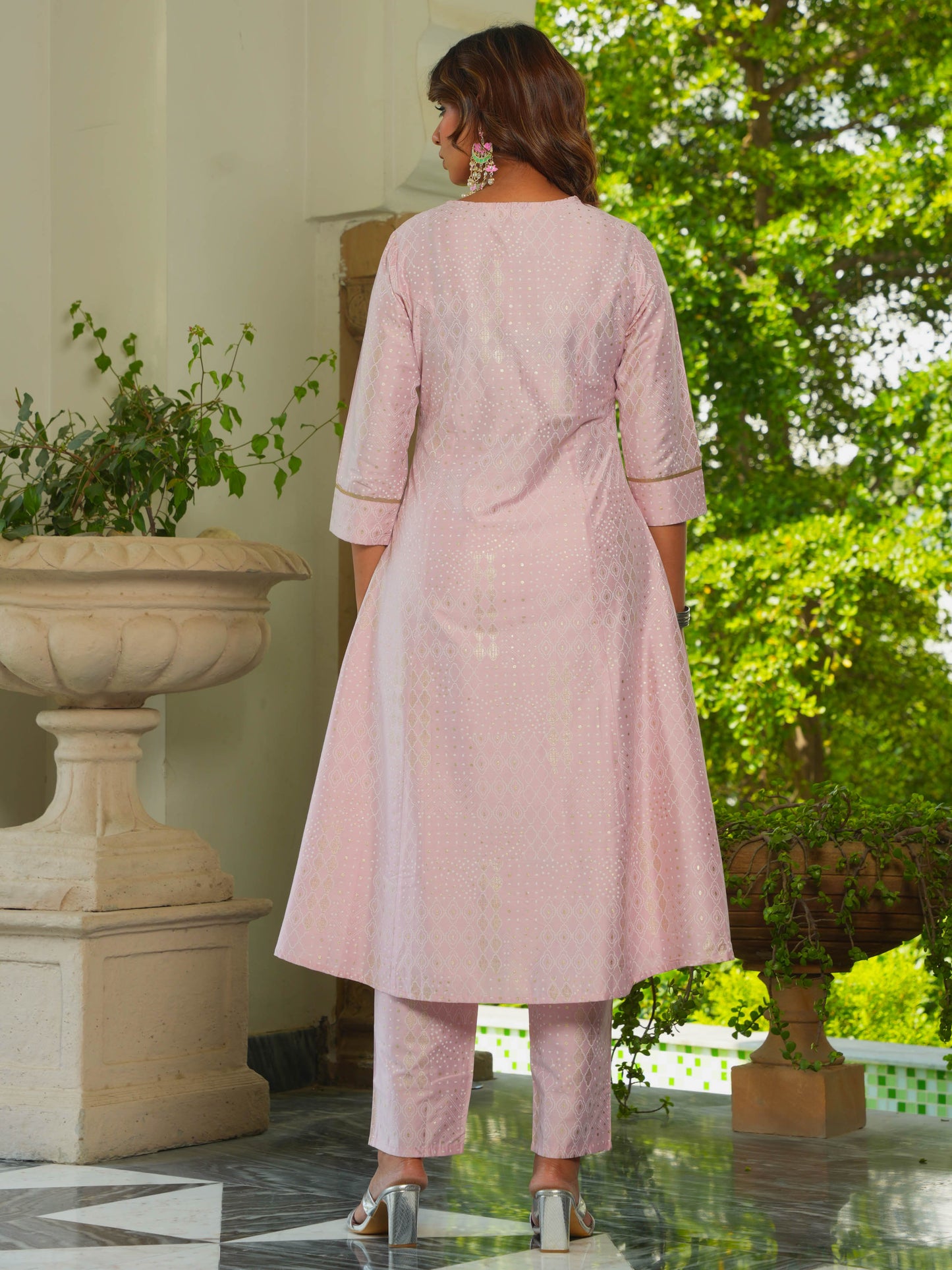 Chanderi Gold foil A-line Pink Kurta