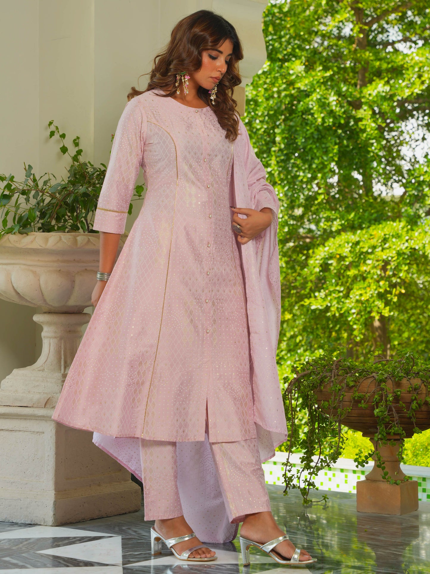 Chanderi Gold foil A-line Pink Kurta