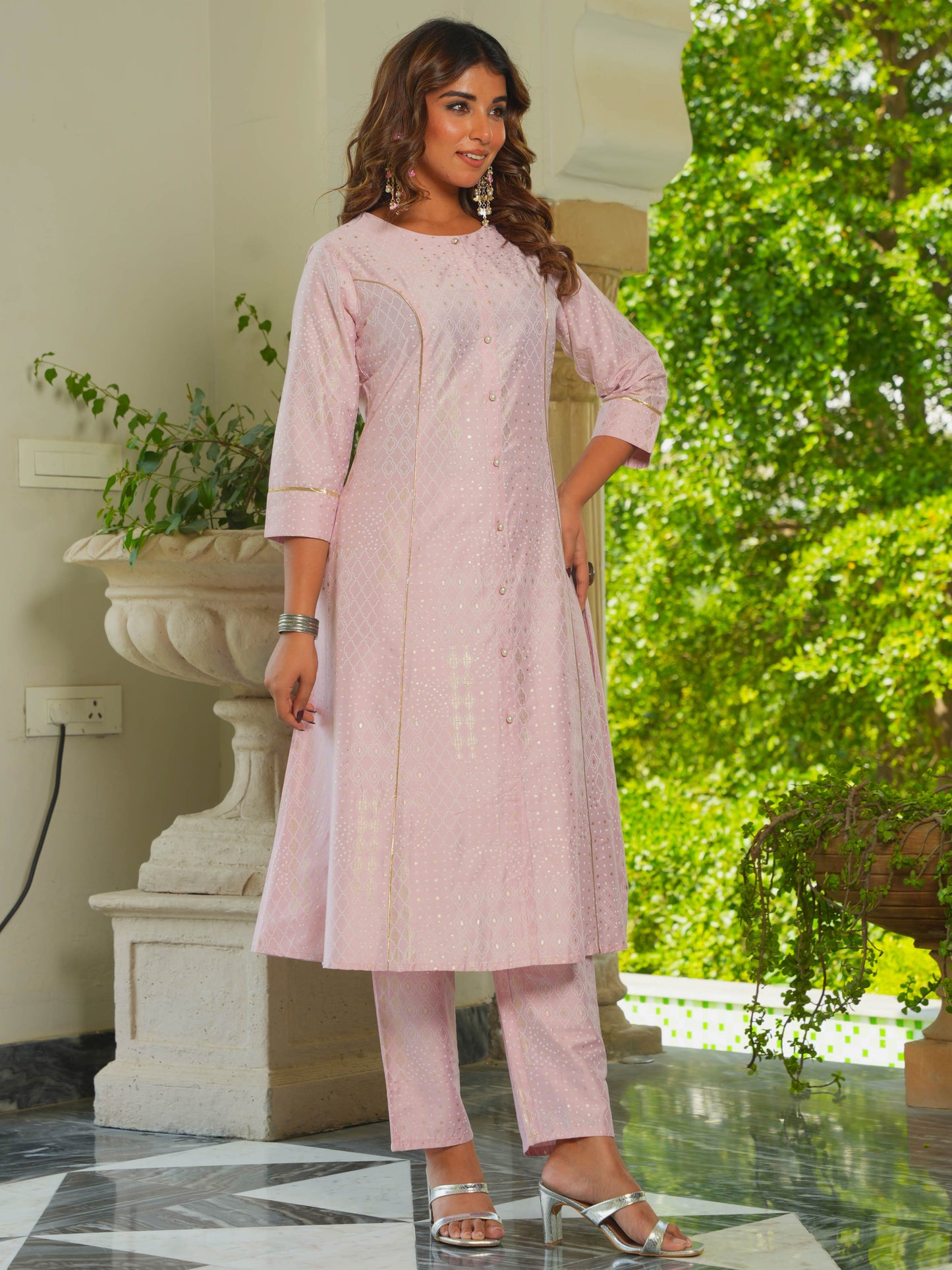 Chanderi Gold foil A-line Pink Kurta