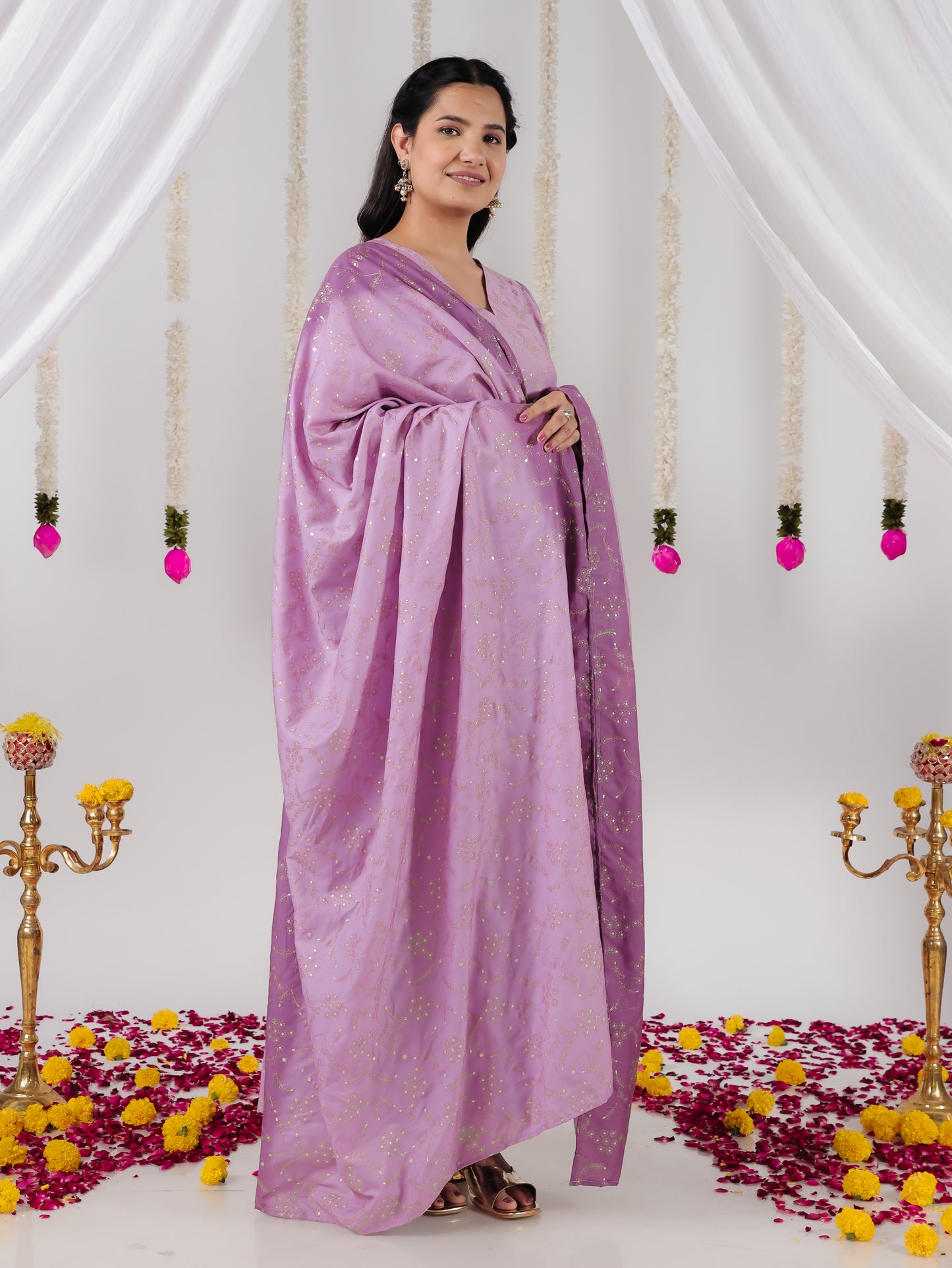Chanderi Gold foil Angrakha Purple Kurta