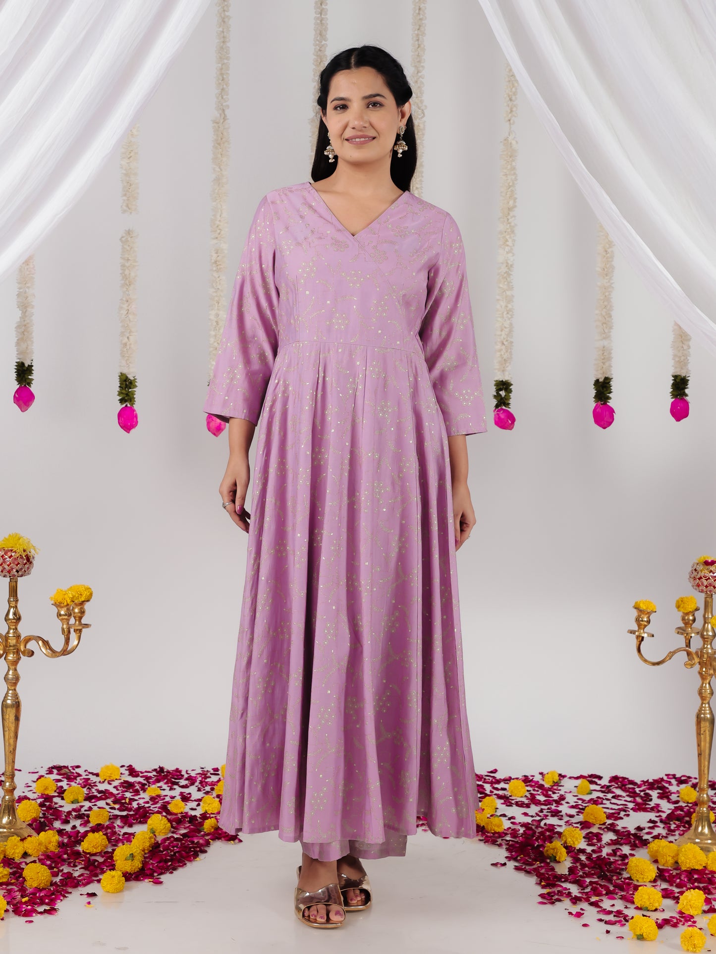 Chanderi Gold foil Angrakha Purple Kurta