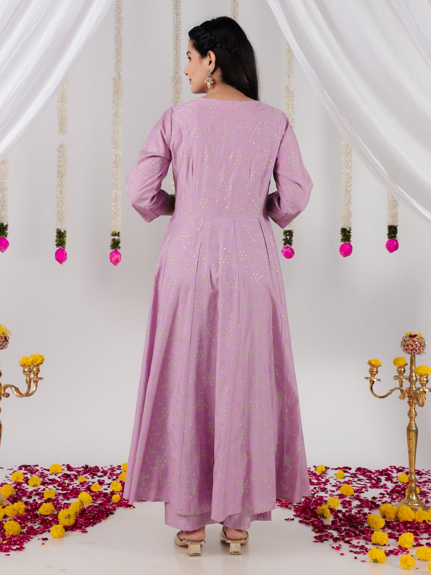 Chanderi Gold foil Angrakha Purple Kurta