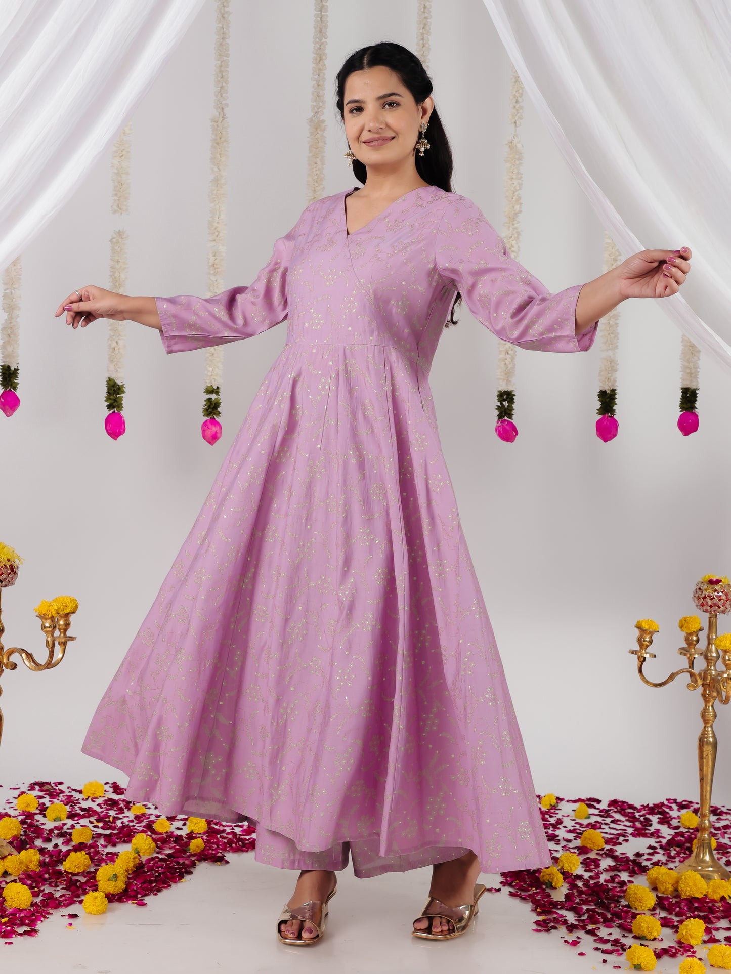 Chanderi Gold foil Angrakha Purple Kurta