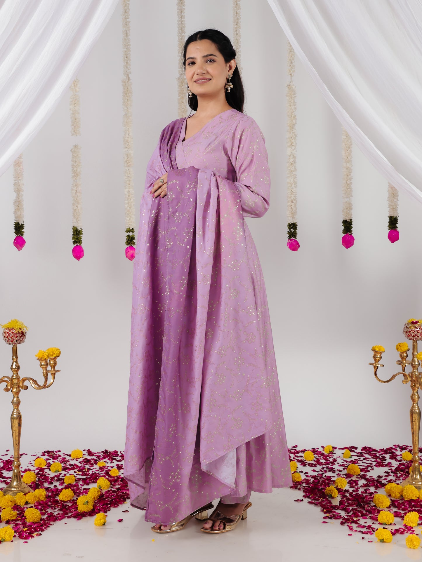 Chanderi Gold foil Angrakha Purple Kurta