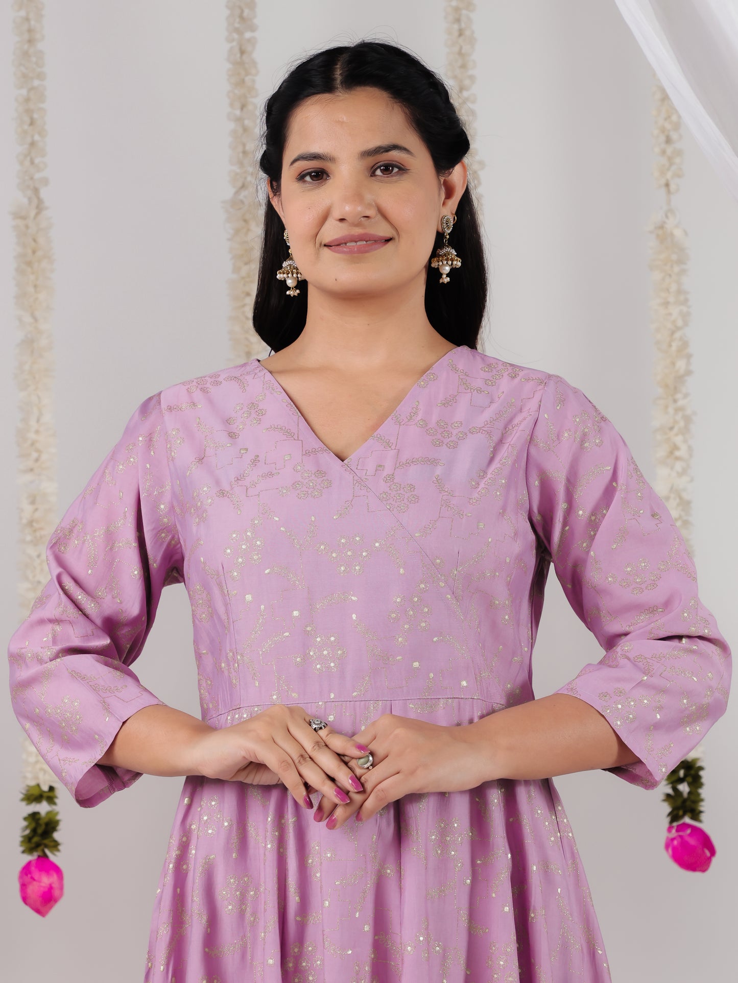 Chanderi Gold foil Angrakha Purple Kurta