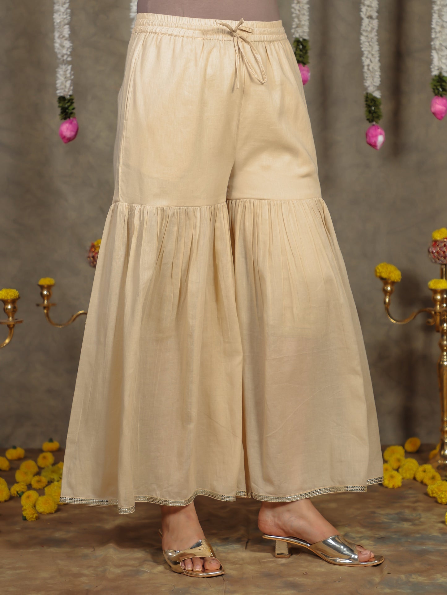 Embroidered Cotton Voile Solid Beige Sharara