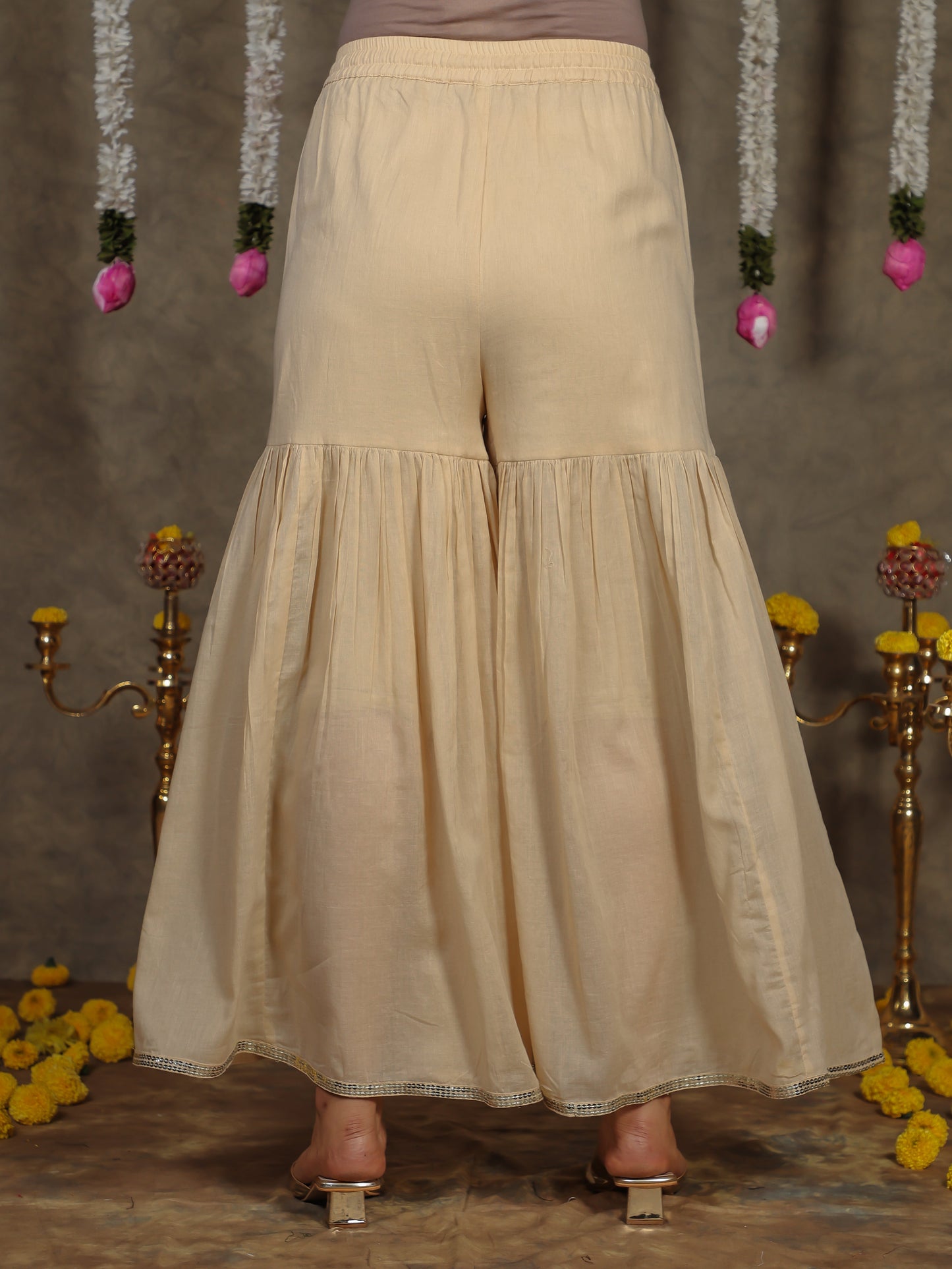 Embroidered Cotton Voile Solid Flared Beige Kurta