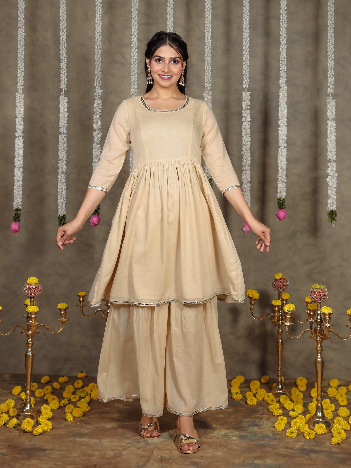 Embroidered Cotton Voile Solid Flared Beige Kurta