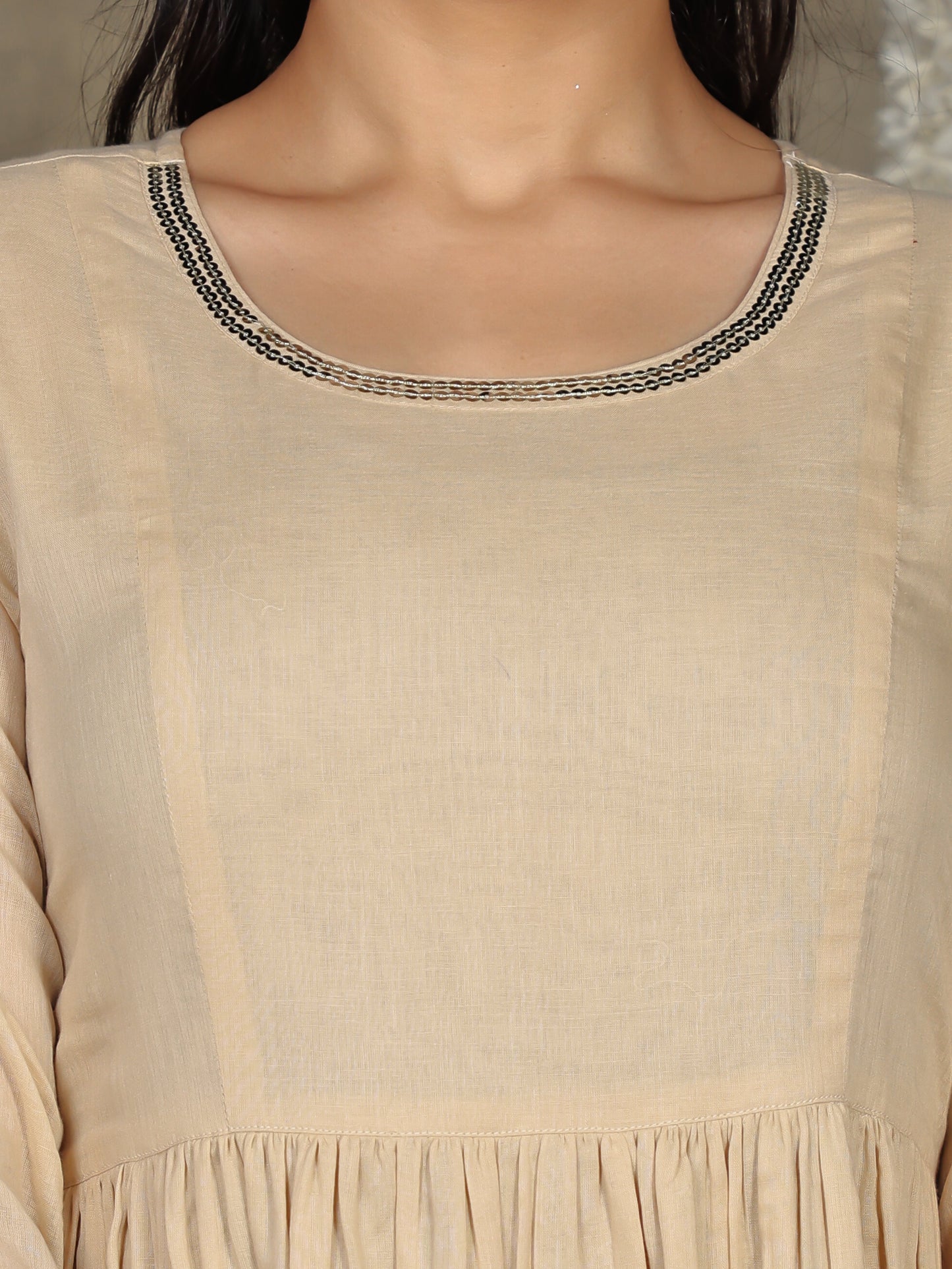 Embroidered Cotton Voile Solid Flared Beige Kurta